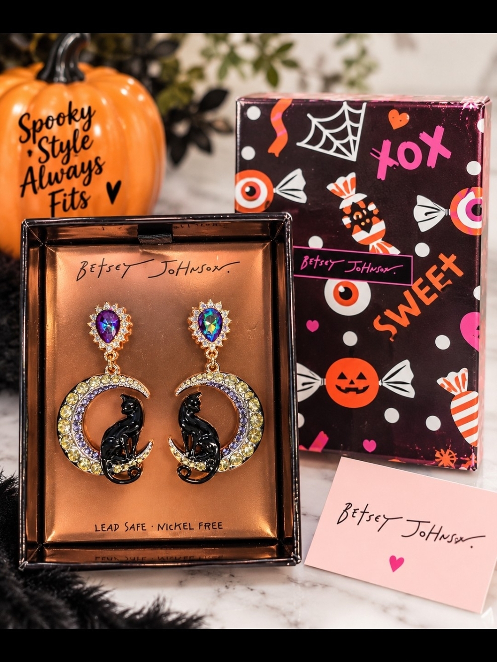 Betsey Johnson Gold Crescent Earrings with Black Cat and Purple Teardrop